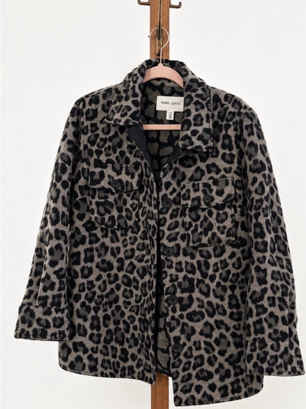 Tribal Leopard Print Jean Jacket - Black & Gray